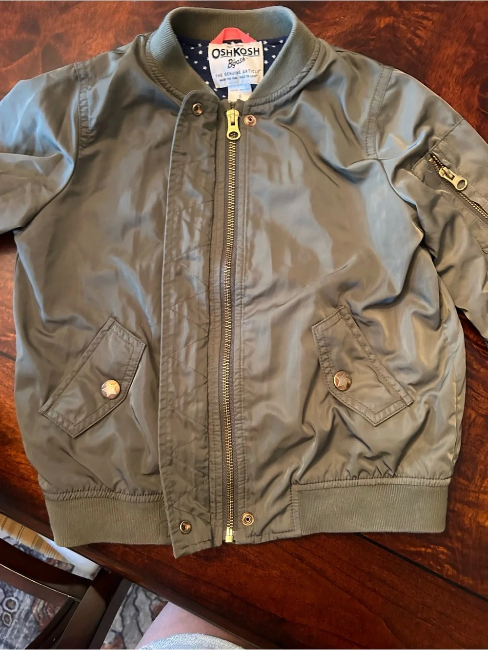 OshKosh B'gosh Girls Bomber Jacket 8 Olive Green Coat Gold Buttons